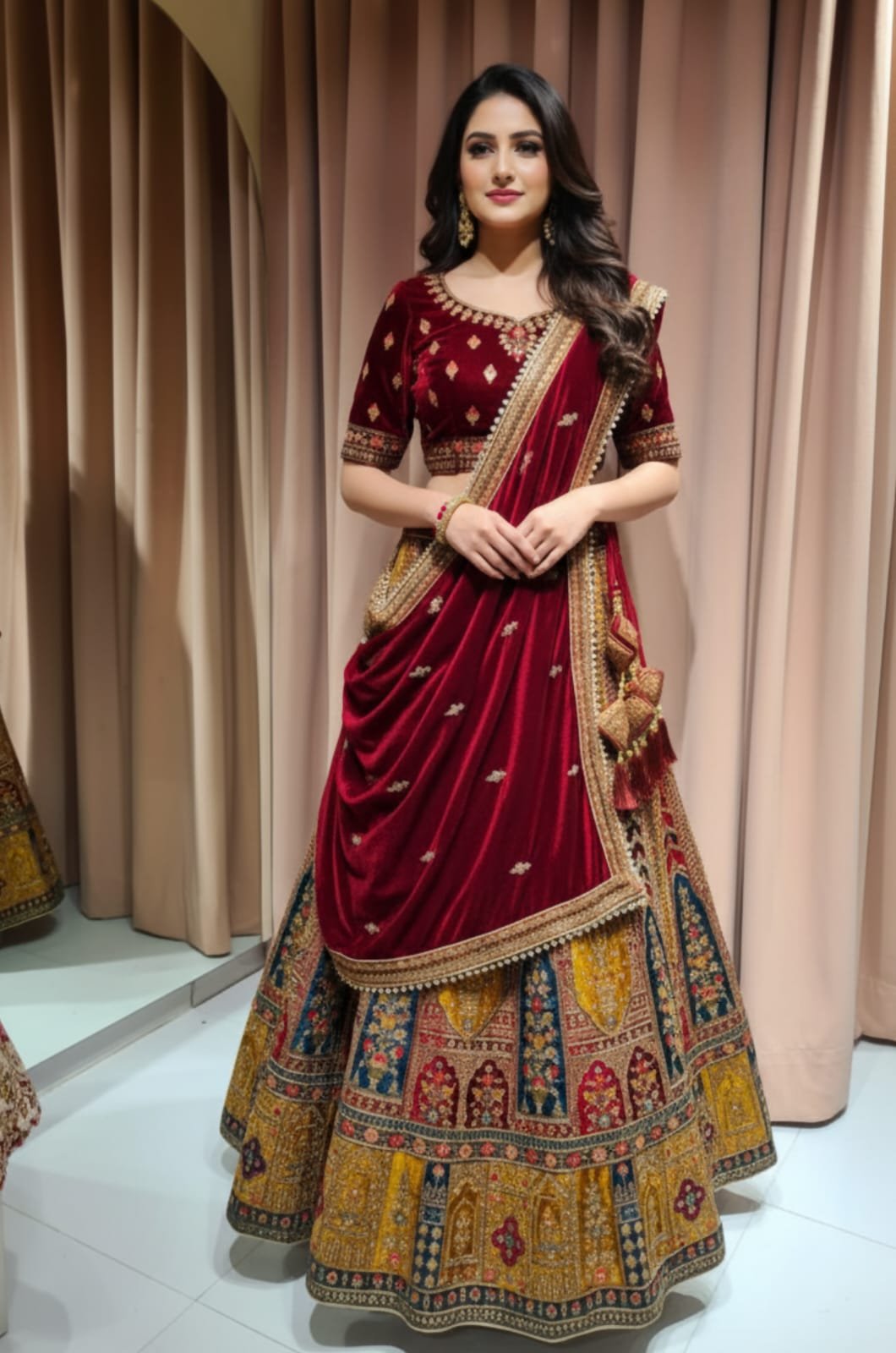 Royal Velvet Bridal Lehenga with Dual Dupatta (Net & Velvet)