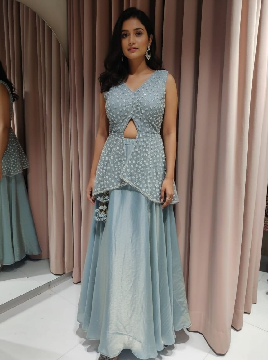 Elegant Sky Blue Embroidered Peplum Lehenga Set